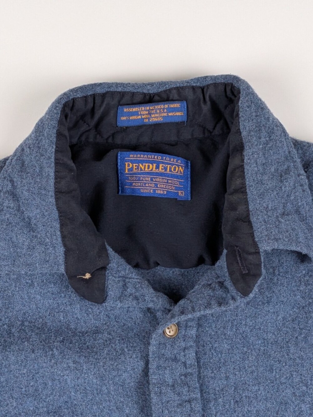 Vintage Pendleton L Blue Virgin Wool Flannel Suede Patches Cabincore Granola - Picture 2 of 10